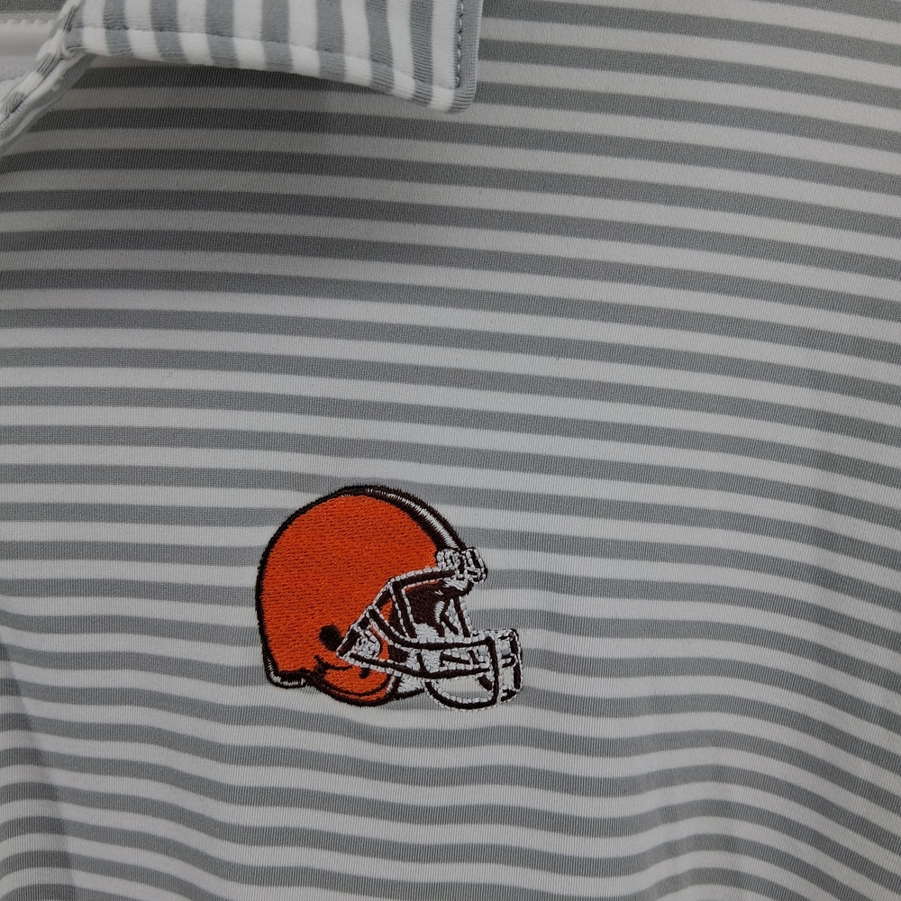 Vineyard Vines Gray & White Striped Polo with Orange Helmet Patch - Picture 2 of 5